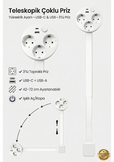 Teleskopik Çoklu Priz 3 Lü Topraklı + Usb-c & Usb-a, Yükseklik Ayarlı, Işıklı Anahtarlı Uzatma Prizi 0.7 M
