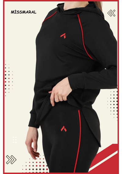 Kadın Eşofman Takım Siyah Üst Tunik & Siyah Regular Fit Lycralı Tayt Dalgıç Kumaş Aktif Spor 3060 Siyah Kırmızı Şeritli