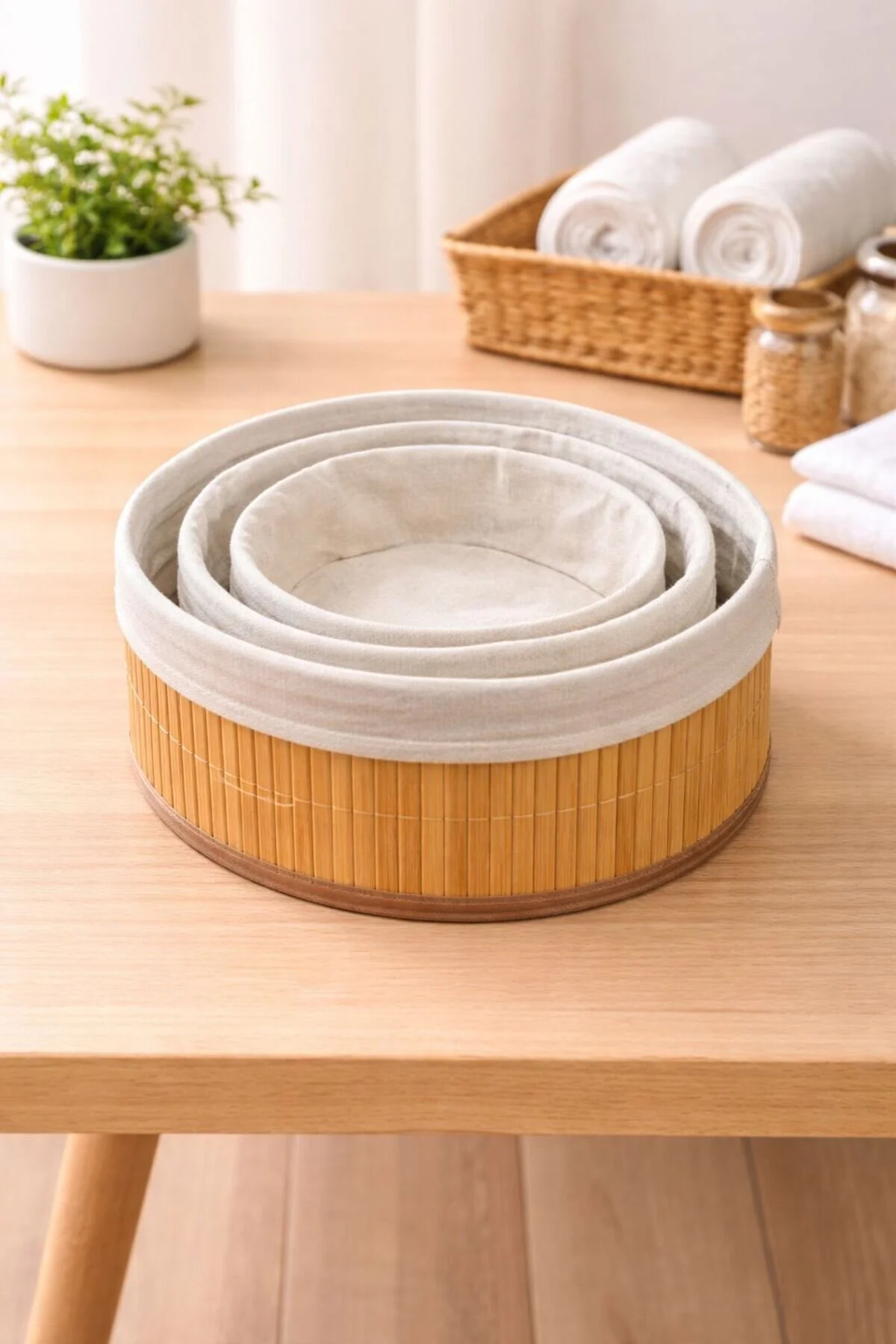 3 Lü Yuvarlak Bambu Organizer Düzenleyici Saklama Kutusu Sepet Beyaz
