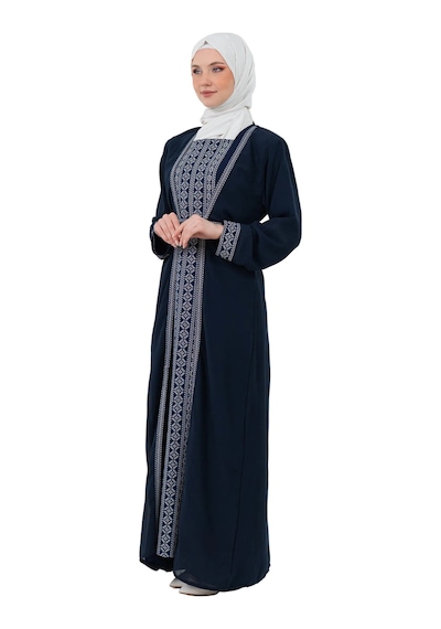 Zaytoon Nakışlı İç Elbiseli Ve Kemerli İki Parçalı Filistin Mirası Abaya Seti Lacivert