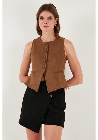 Lela Fitted Fit Bisiklet Yaka Düğmeli Yumuşak Dokulu Bayan Yelek 5866435 Taba