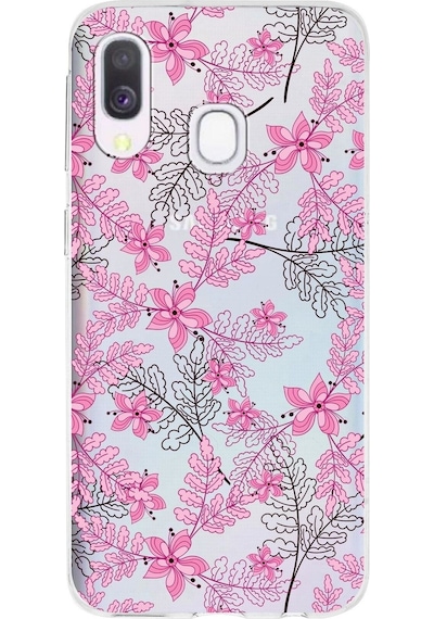 Samsung Galaxy A40 Uyumlu Kapak Floral Pembe Tasarımlı Şeffaf Silikon Kılıf