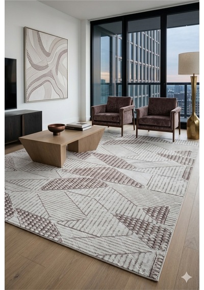 Modern Geometrik Desenli Bej Kahve Halı Kabartmalı Dokulu Salon Oturma Odası Yatak Odası Dekoratif Halı Fch3023 Kahve