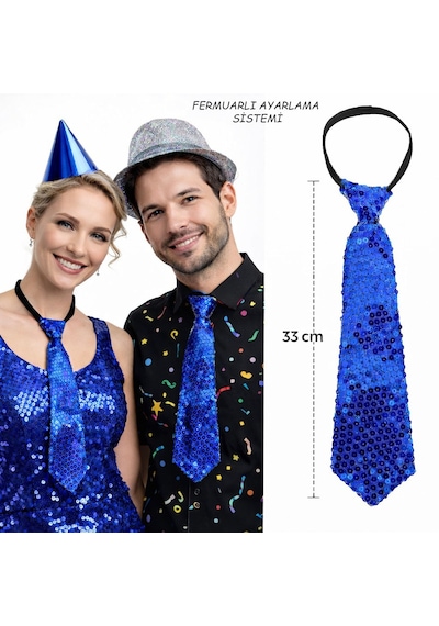 Mavi Renk Pul Payetli Işıltılı Parti Kravatı 33 Cm 5691 "