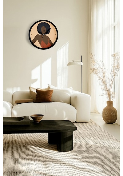 Afro Stil Kadın Minimalist Modern Duvar Saati - 30cm - Önü Camlı Siyah Kasa - Sessiz Mekanizma-jh0841 Siyah