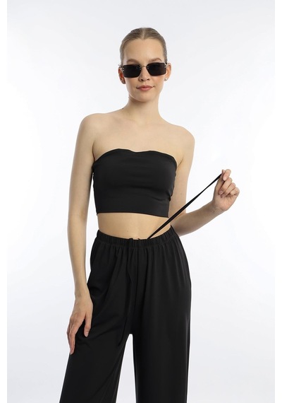 Quhox Kadın Allegro Kumaş Askısız Crop Top Siyah