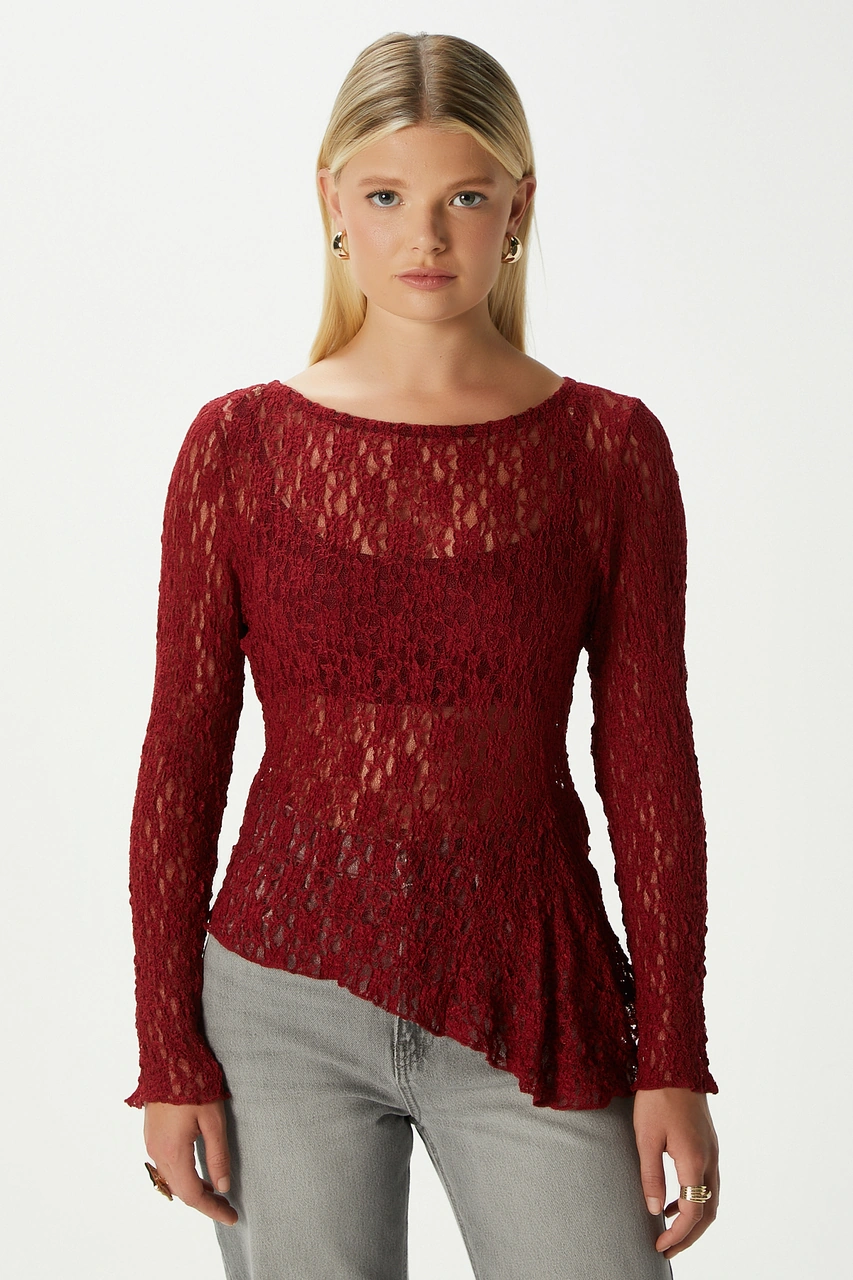 Ritnice Angel Asimetrik Bordo Uzun Kollu Dantel Top / Bluz Bordo