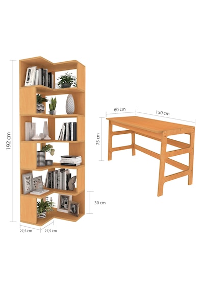 Woodesk Bohem, Ahşap, Masa Ve Köşe Kitaplık Takımı, Tik Renk Teak