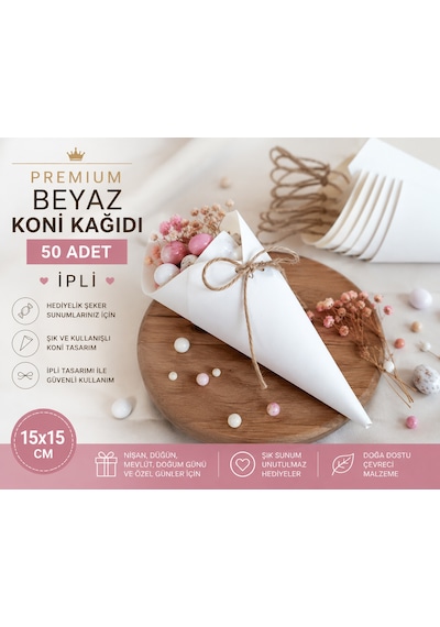 Premium Beyaz Koni Kağıdı 50 Adet İpli Hediyelik İkram Ve Şeker Sunum Külahı