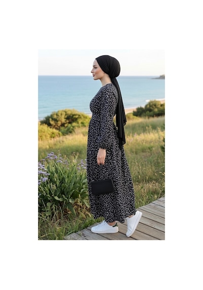 Bestenur Eyser Desenli Keten Elbise 1716 - Siyah