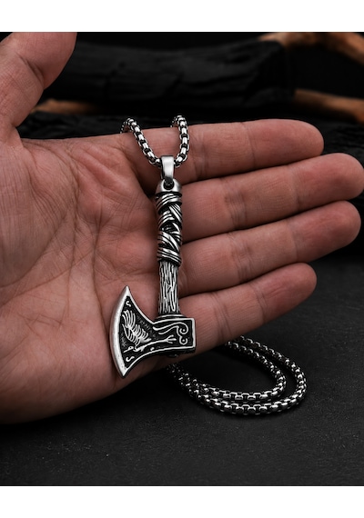 Paslanmaz Çelik Iskandinav Norse Gotik Tarz Viking Balta Erkek Kolye Antik Gümüş