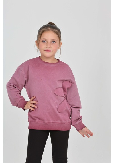Toontoy Kız Çocuk Çiçek Nakışlı Sweatshirt Mürdüm