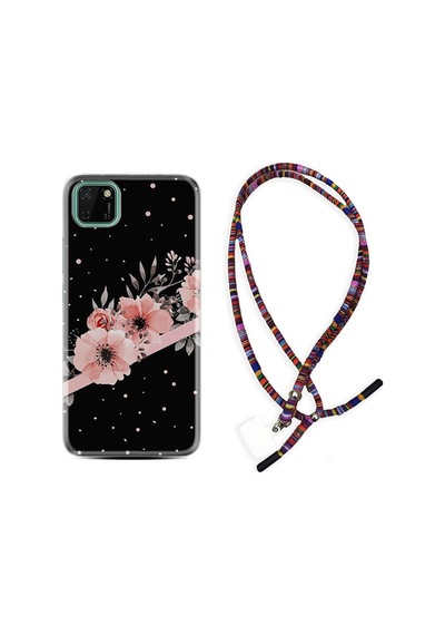 Huawei Y5P Kılıf Rasta Boyun Askılı Siyah Şerit Mermer 1298