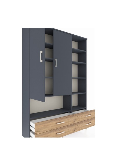 Arges Dolap 10 Raflı 4 Çekmeceli 2 Kapaklı 132x30x195 Antrasit-antrasit/çam Antrasıt/atlas Çam