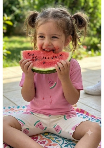 Kız Çocuk Karpuz İşlemeli Tişört Ve Kısa Tayt Takım Pembe