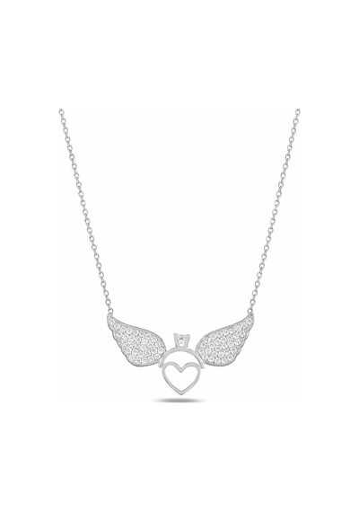 Çekirdekjewelry 925 Ayar Gümüş Rodyum Kaplama Melek Kanatlı Kalp Kolye Taşlı Zarif Tasarım Gri