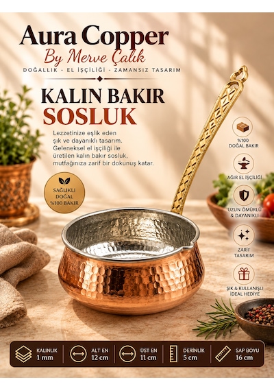 Aura Copper Kalın Bakır Sosluk 12 Cm 1 Mm El Dövmesi Uzun Saplı Sos Tavası Ss-00001