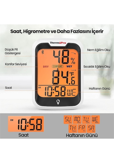 ThermoPro TP358 Telefon Kontrollü, Saatli, Takvimli, İç Mekan Sıcaklık ve Nem Ölçer Termometre