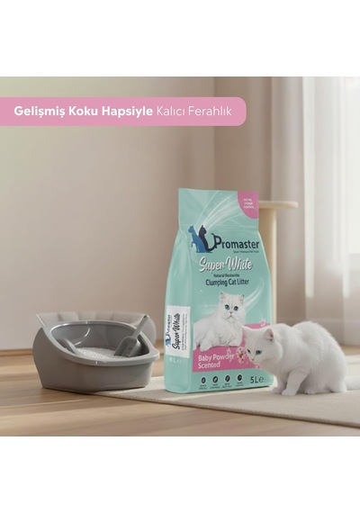 Süper Beyaz Doğal Bentonit Topaklanan Kedi Kumu Bebek Pudrası Kokulu 5 Lt