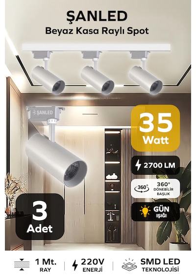 Led Beyaz Kasa Gün Işığı 35w Raylı Spot / 4 Adet 1 Metre Ray