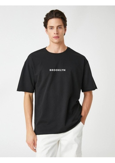 2'li Siyah Beyaz - Unisex Oversize Yaka Brooklyn Baskılı Örme T-shirt Siyah-beyaz