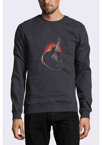 Les Paul Baskılı Füme Antrasit Erkek Örme Sweatshirt