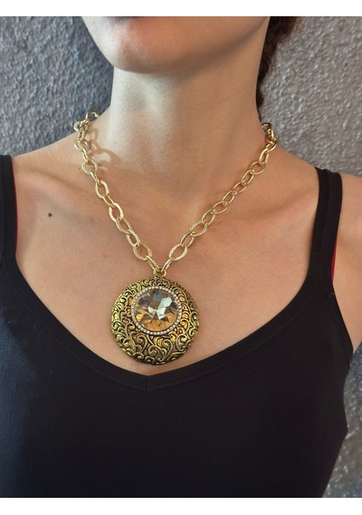 Kristal Taşlı Madalyon Kadın Kolye 22 Cm Renkli