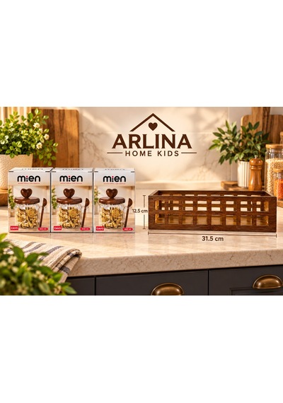 3 Lü 460 Ml Cam Kavanoz & Ahşap Stand Seti Şeffat Cam - Akasya Ahşap Kapak