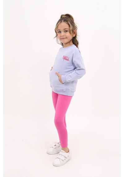 Toontoy Kids Toontoy Kız Çocuk 2'li Takım Baskılı Bisiklet Yaka Düşük Omuz Sweatshirt & Basic Düz Tayt Açık Lila