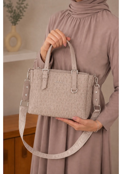 Just Polo Kadın Orta Boy Premium Deri Ayarlanabilir Askılı 3 Bölmeli Şık El & Omuz Çantası Shoulder Bag Taş