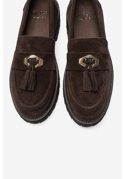 Luvi Shoes Marsy Kahverengi Süet Hakiki Deri Püsküllü Kadın Loafer Ayakkabı