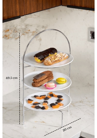 Parlak Silver 3 Katlı Pasta Kurabiye İkramlık Sunum Standı Dekoratif Servislik Gümüş