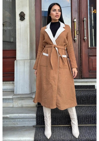 Taba Çift Taraflı Kruvaze Yaka, Kuşaklı, Yumoş Dokulu, Duble Kaşe Uzun Ceket