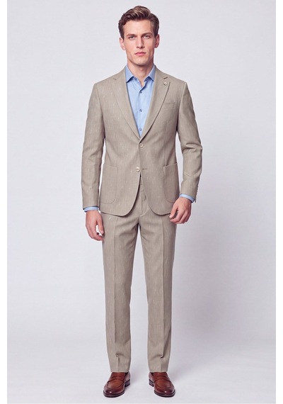 Efor Slim Fit Mono Yaka Çift Yırtmaç Koyu Bej Keten Takım Elbise Tk 952 K.bej