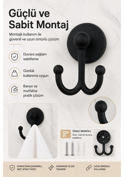 Alper Banyo Mat Siyah Askılık Yapışkanlı Ve Vidalı Montaj