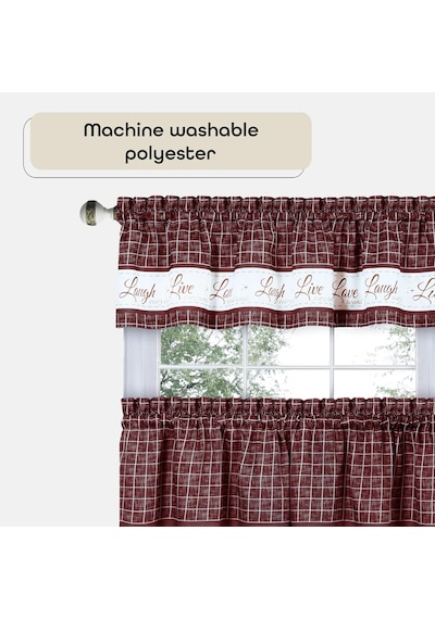 Home Furnishings Live, Love, Laugh - Baskılı Kat & Kısa Perde Seti - 58x36 - Bordo