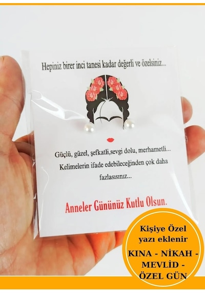 20 Adet Kadınlar Günü Kuşe Kartlı İnci Küpe - Kadınlar Günü Krem