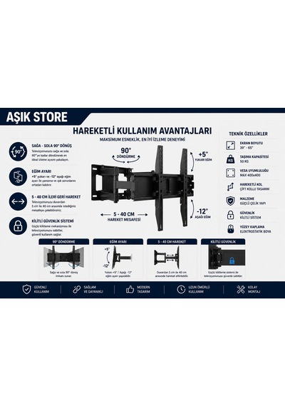 Hareketli Tv Askı Aparatı 39 65" Vesa 400 400 50 Kg