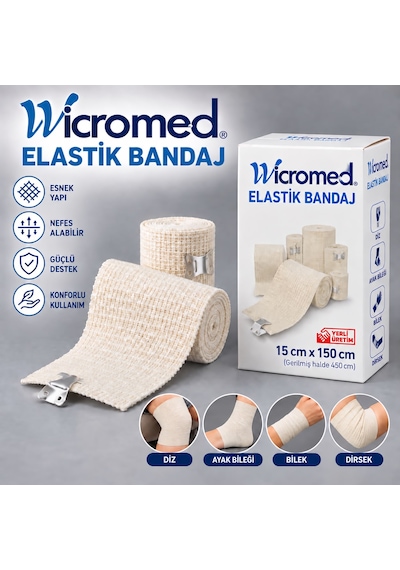 Wicromed Elastik Bandaj 15cm X 150cm Metal Klipsli Esnek Destek Bandajı 5 Adet