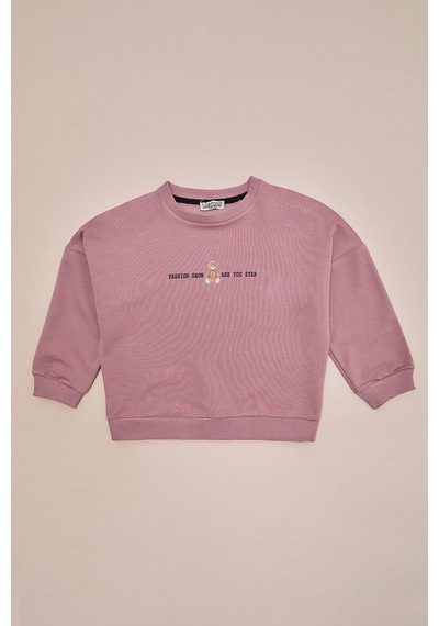 Fullamoda Ayıcık Baskılı Oversize Kız Çocuk Sweatshirt Gül Rengi