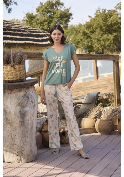 Monamise Kadın Desenli Ve Baskılı "see The World" Pijama Takımı 24113-yeşil Yeşil