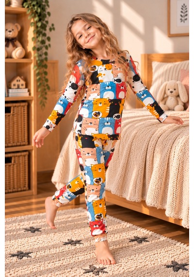 Free Beka Sevimli Desenli Bisiklet Yaka %100 Pamuklu İnterlok Kumaş Kız Ve Erkek Çocuk Uzun Kollu Pijama Takımı Çok Renkli