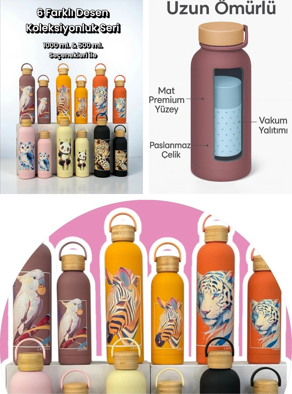 Bambu Kapaklı Turuncu Renk Zebra Figürlü 1000 Ml Paslanmaz Çelik Termos Turuncu