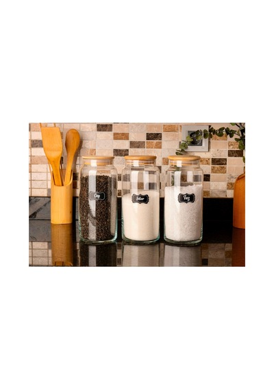 3 Lü 1300cc Bambu Kapaklı Cam Çay Şeker Tuz Kavanoz Seti Kavanoz Takımı Şeffaf Şeffaf