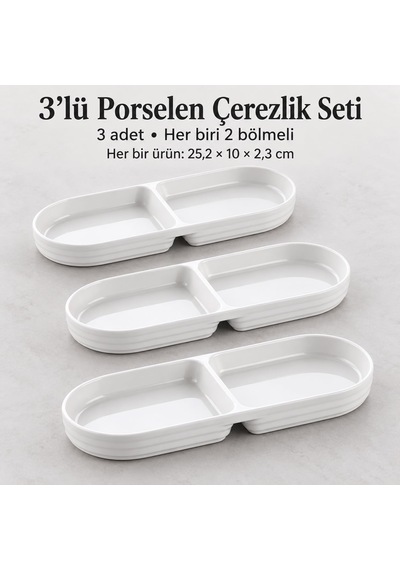 Lexroo 2 Bölmeli Porselen Çerezlik 3 Lü Set, 25,2 10 2,3 Cm Çok Renkli