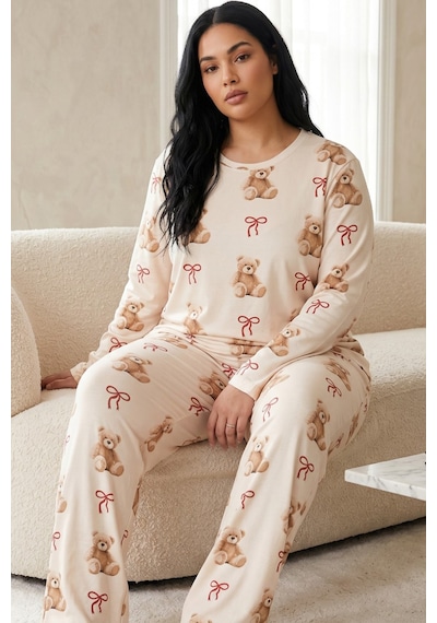 Siyah İnci Pamuklu Likralı Büyük Beden Battal Boy Örme Pijama Takım26240903 Ekru