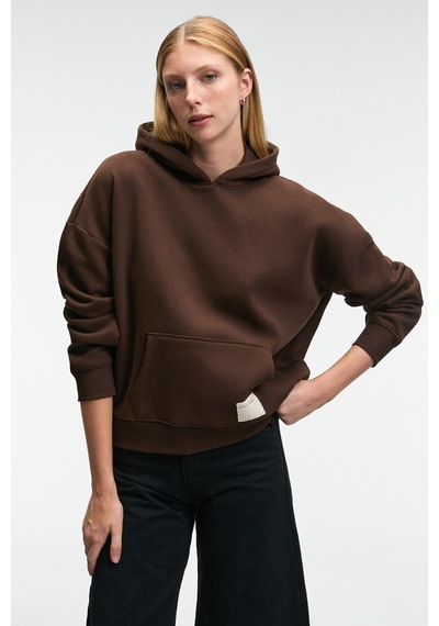 ETHIQUET C ARIE Kadın Organik Pamuklu Oversize Kanguru Cepli Kapüşonlu Kahverengi Sweatshirt