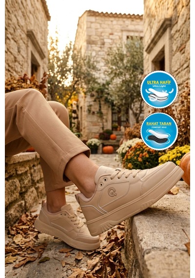 Walkway Bej Bağcıklı Hafif Esnek Unisex Günlük Ayakkabı Bst-2081 G