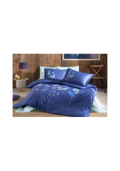 Soft Leaf Çift Kişilik Pastoral Saten Nevresim Takımı Mavi