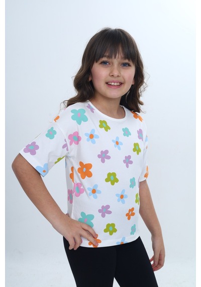 Toontoy Kids Toontoy Kız Çocuk Bisiklet Yaka Kısa Kollu Baskılı Tişört 24980 Ekru
